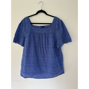 Talbots PLUS Women's 2X‎ Eyelet Square Neck Blouse Short Sleeve Royal Blue Lined